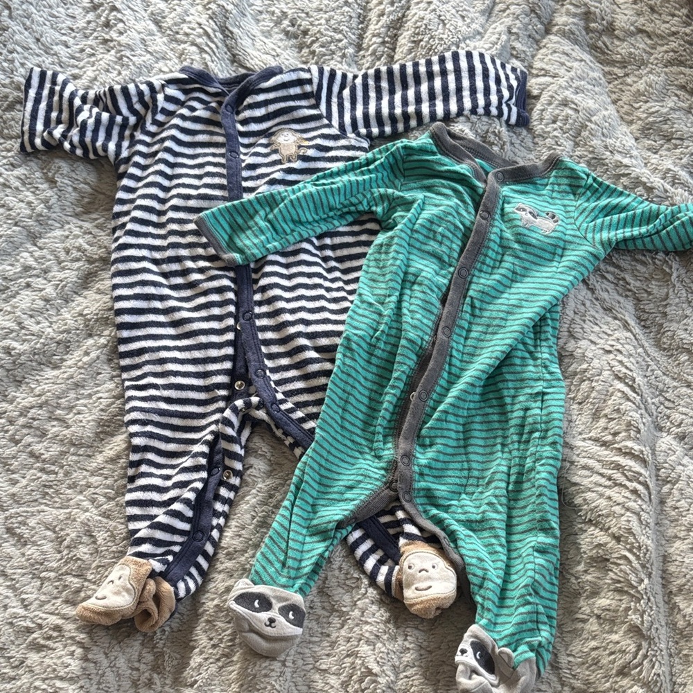 Carter's Navy and Teal Striped Footies pajamas, button, 9 months